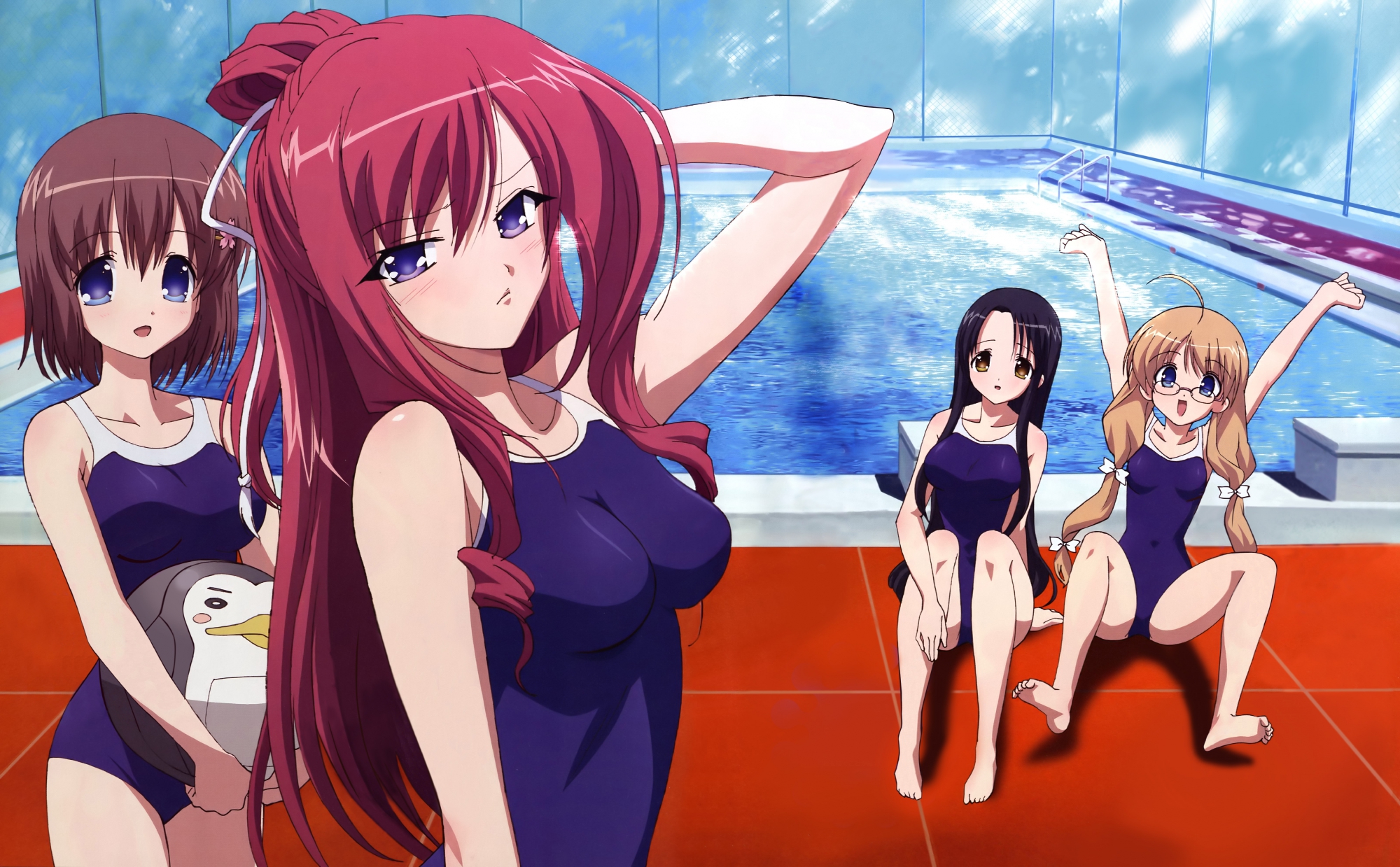 11_eyes, ball, black_hair, blonde_hair, blue_eyes, blush, breasts, brown_hair