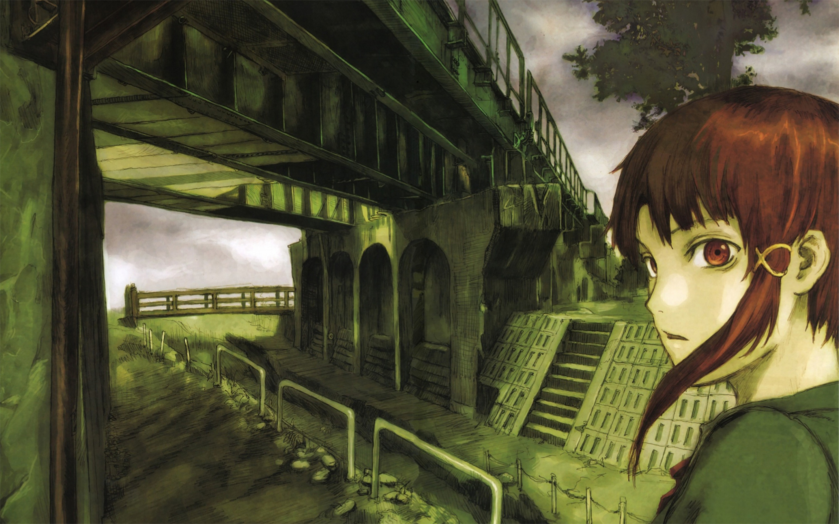 abe_yoshitoshi, brown_eyes, brown_hair, iwakura_lain, polychromatic, scenic, serial_experiments_lain, short_hair