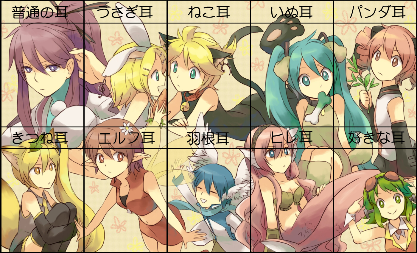 akita_neru, animal_ears, bin_(pixiv), bunny_ears, bunnygirl, catboy, cosplay, doggirl, fairy, foxgirl, group, gumi, hatsune_miku, kagamine_len, kagamine_rin, kaito, kamui_gakupo, kasane_teto, male, megurine_luka, meiko, mermaid, utau, vocaloid