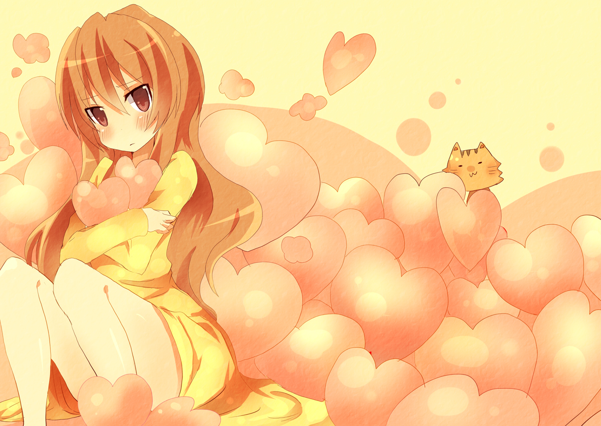 aisaka_taiga, animal, blush, brown_eyes, brown_hair, dress, heart, long_hair
