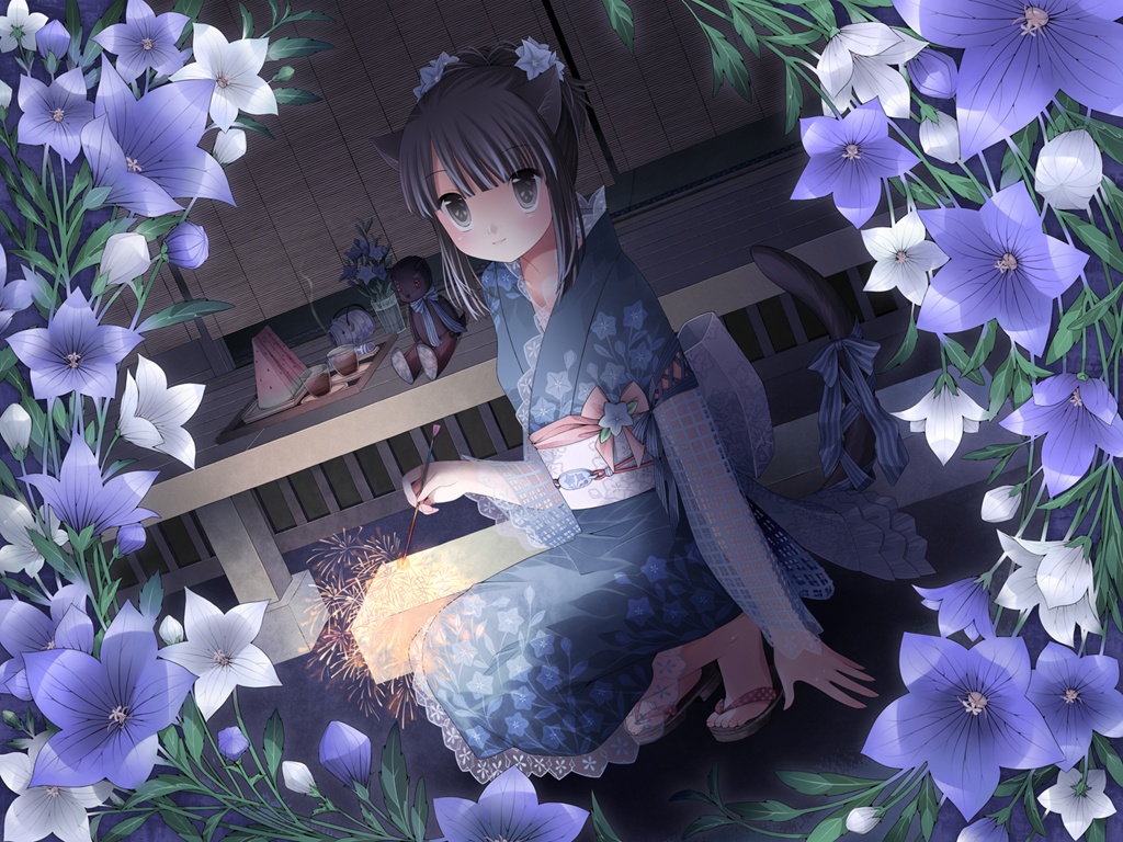 akatsuki_no_kemono, animal_ears, catgirl, doll, fireworks, flowers, japanese_clothes, kanzaki_miku