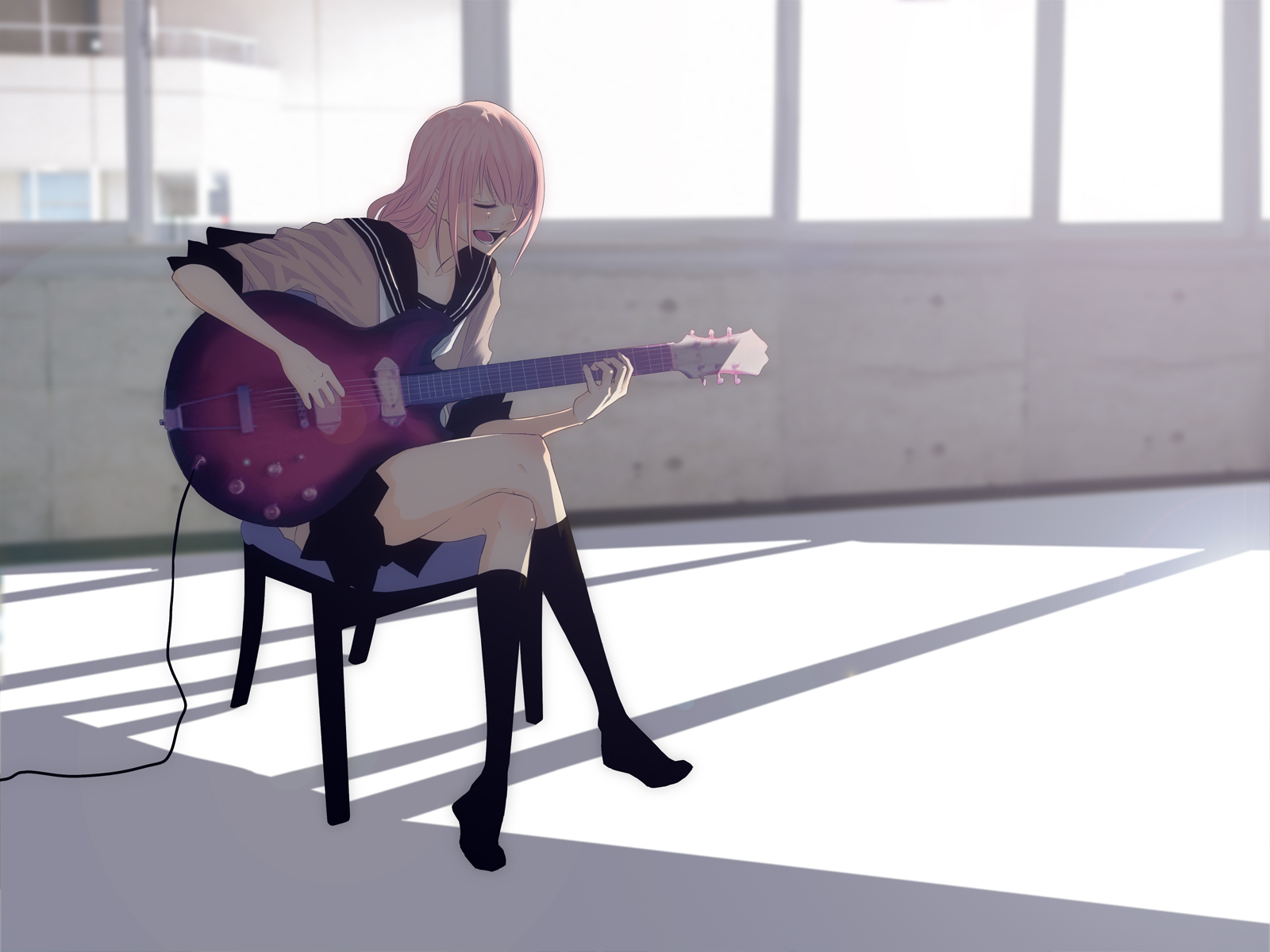 blush, guitar, instrument, long_hair, megurine_luka, pink_hair, school_uniform, skirt, vocaloid, yunomi