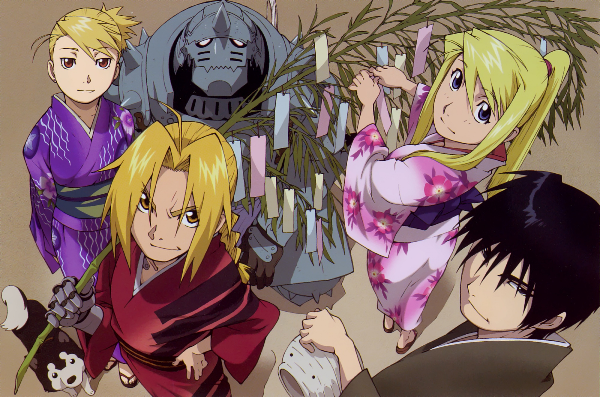 alphonse_elric, animal, blonde_hair, dog, edward_elric, fullmetal_alchemist, japanese_clothes, riza_hawkeye