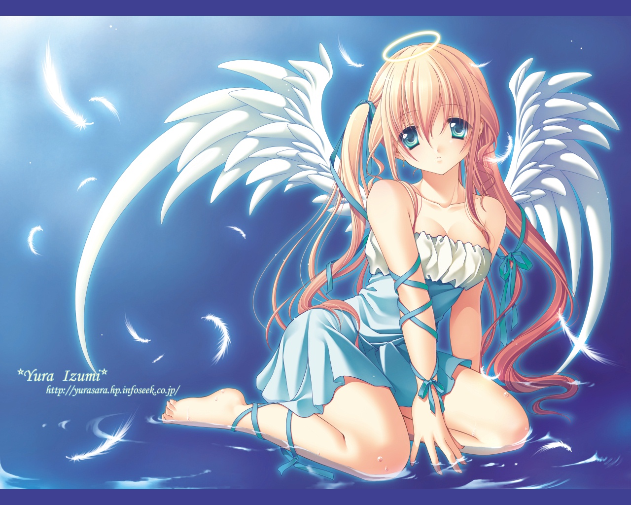 angel, blonde_hair, blue_eyes, izumi_yura, long_hair, ribbons, signed, water, watermark, wings
