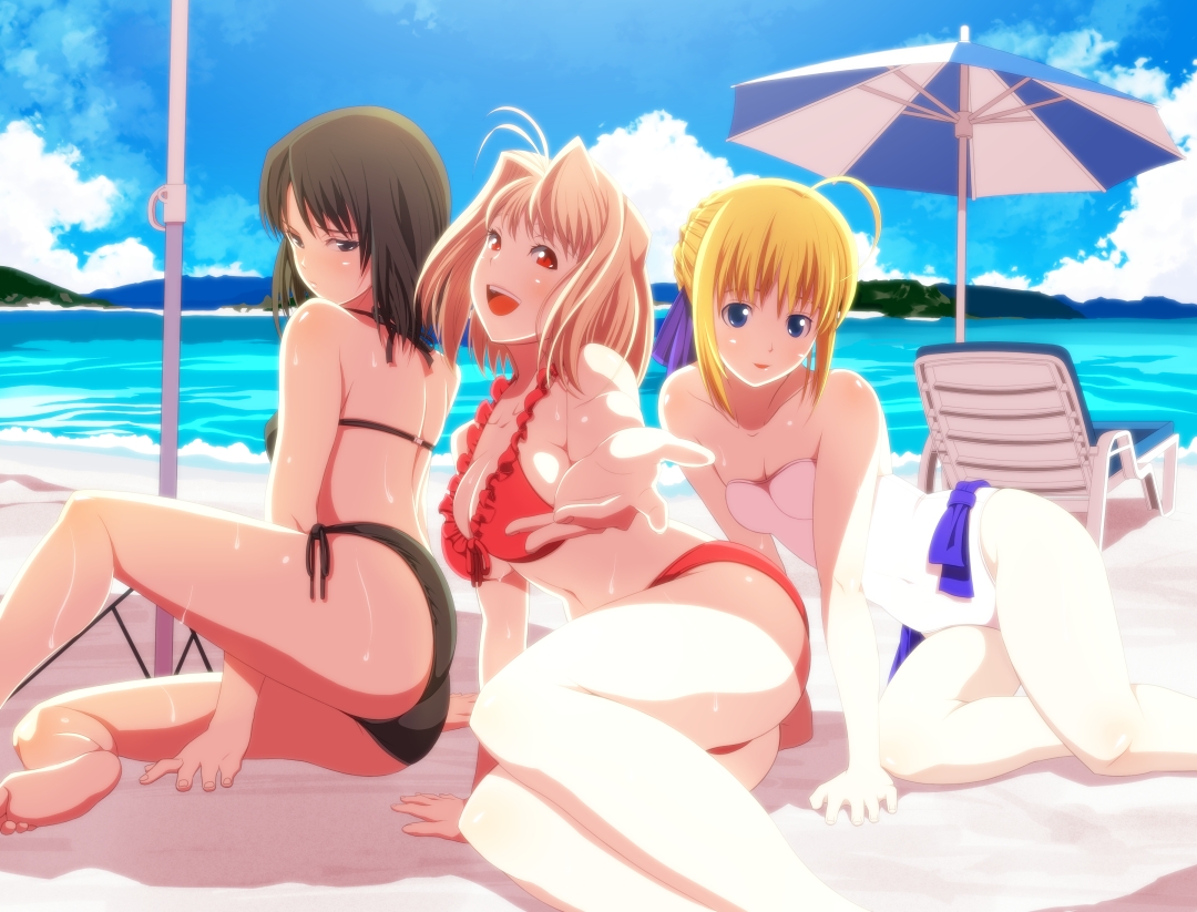 arcueid_brunestud, artoria_pendragon_(all), bikini, blonde_hair, blue_eyes, breasts, cleavage, fate_(series)