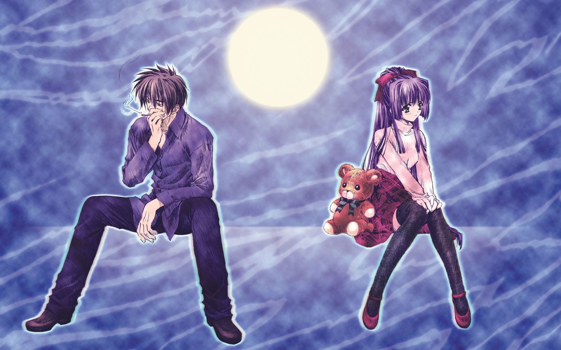 cigarette, hayama_koichi, jpeg_artifacts, kao_no_nai_tsuki, kuraki_suzuna, moon