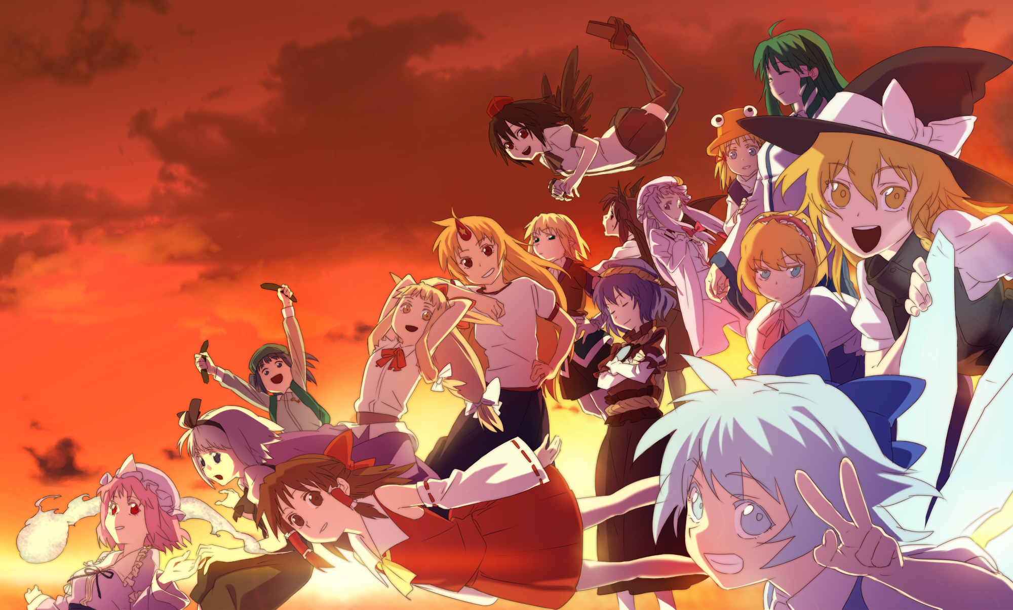 alice_margatroid, blonde_hair, blue_eyes, blue_hair, brown_hair, chibi_maru, cirno, demon, fairy, green_eyes, green_hair, group, hakurei_reimu, hat, hoshiguma_yuugi, ibuki_suika, japanese_clothes, kawashiro_nitori, kirisame_marisa, koakuma, kochiya_sanae, konpaku_youmu, long_hair, miko, mizuhashi_parsee, moriya_suwako, myon, patchouli_knowledge, purple_eyes, purple_hair, red_eyes, saigyouji_yuyuko, shameimaru_aya, short_hair, sky, sunset, touhou, white_hair, witch, yasaka_kanako, yellow_eyes