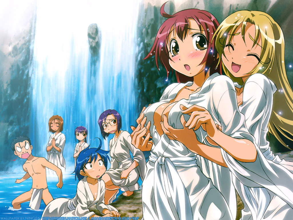 amaenaideyo, blush, breast_grab, breasts, chitose_nanbu, cleavage, haruka_amanogawa, hinata_sugai, horii_kumi, ikkou_satonaka, japanese_clothes, sakura_sugai, sumi_ikuina, water, waterfall, wet, yuko_atouda