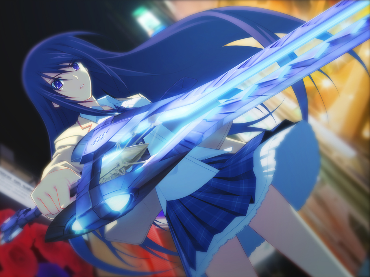 aoi_sena, black_hair, chaos;head, long_hair, school_uniform, skirt, sword, weapon