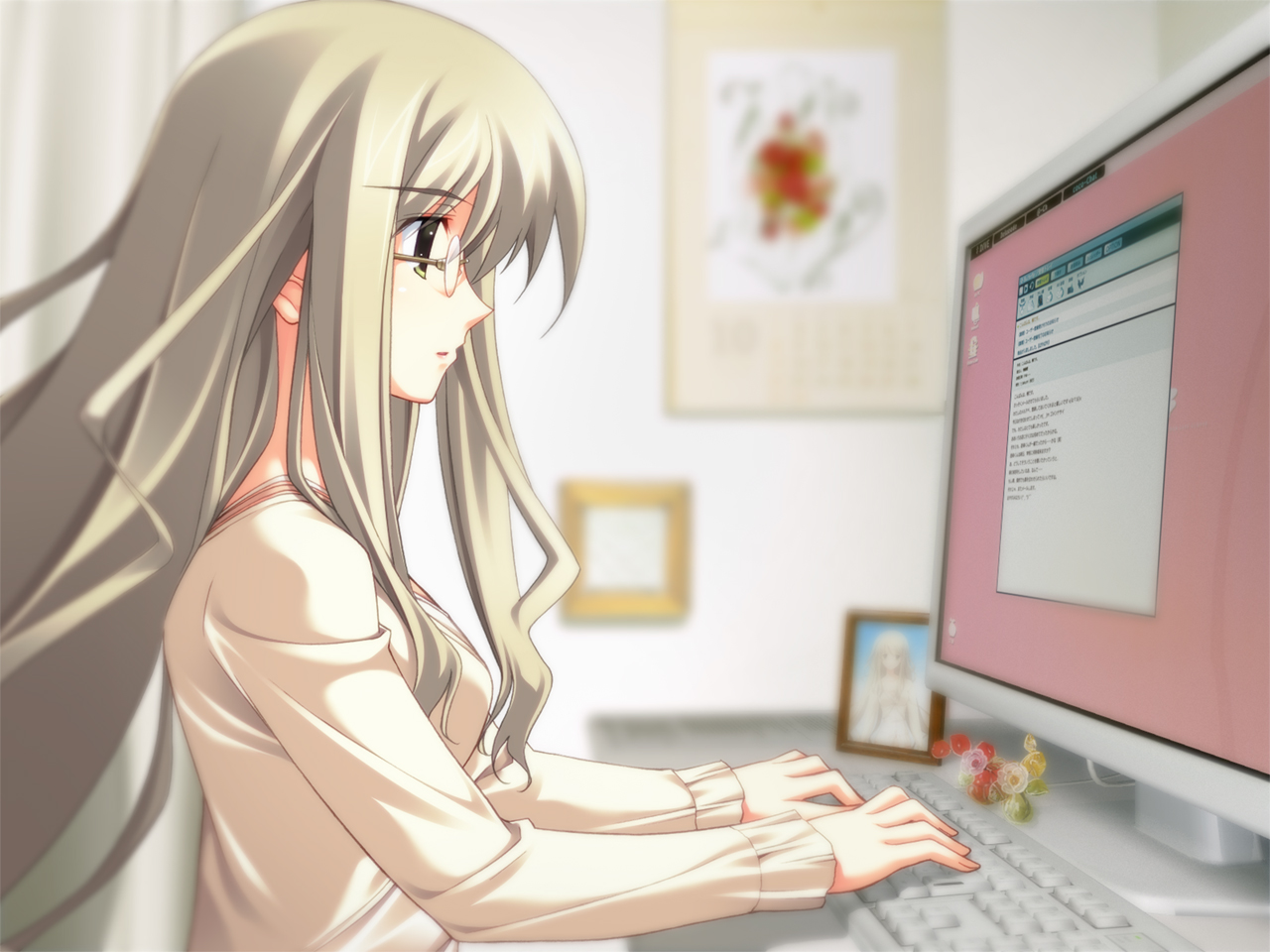 blonde_hair, chaos;head, computer, glasses, kusonoki_yua, long_hair, school_uniform