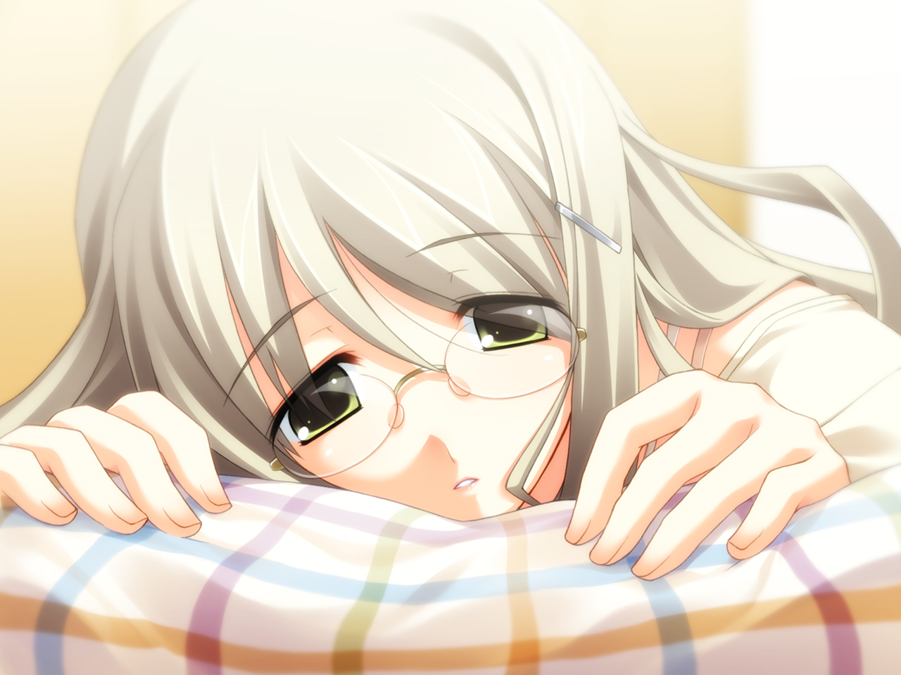 bed, blonde_hair, chaos;head, glasses, kusonoki_yua, long_hair