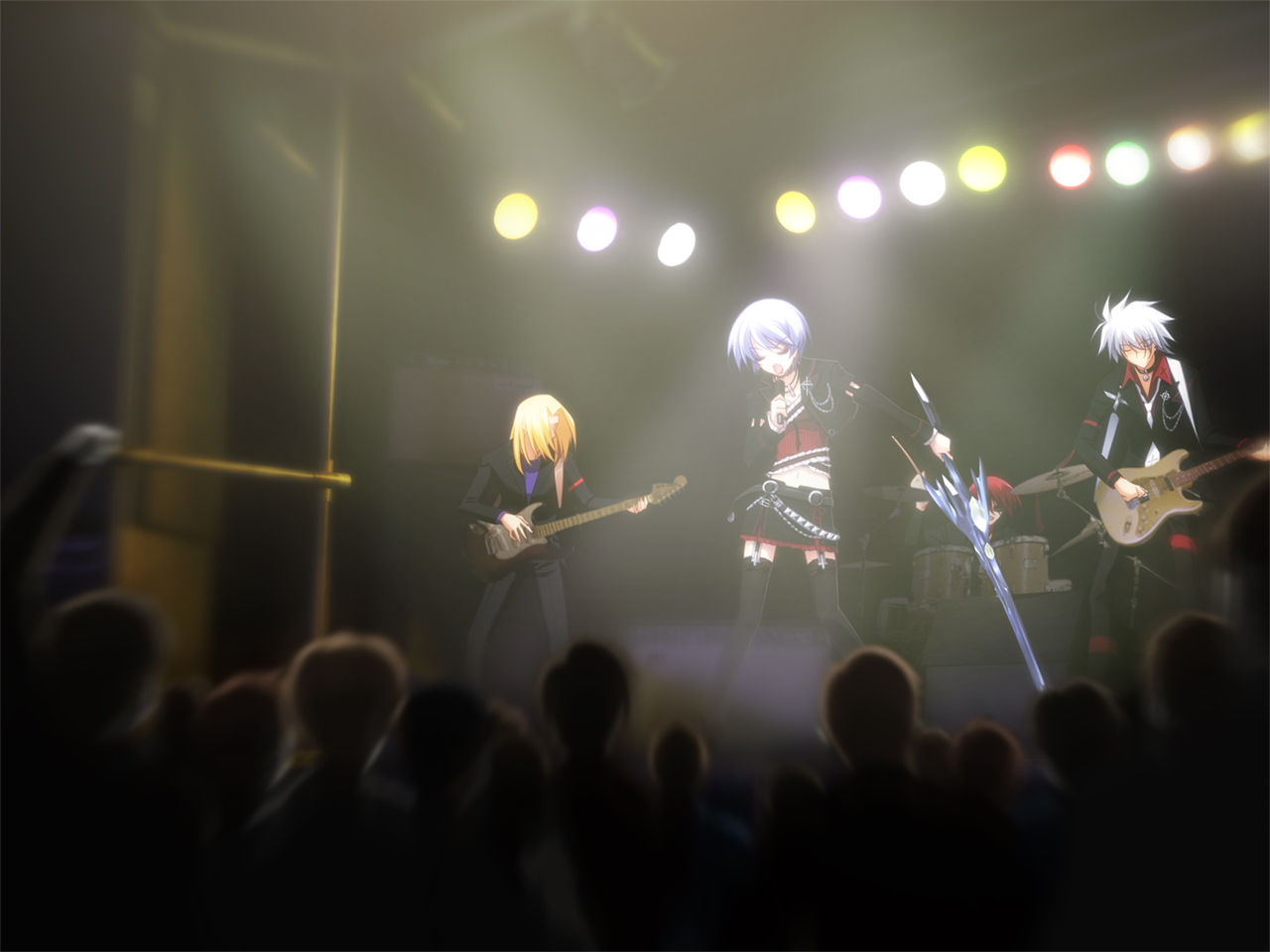 blonde_hair, blue_hair, chaos;head, guitar, instrument, kishimoto_ayase, microphone, short_hair