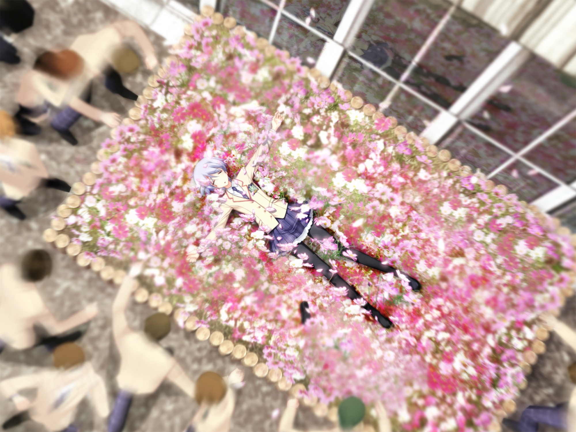 blue_hair, chaos;head, flowers, kishimoto_ayase, school_uniform, short_hair, skirt