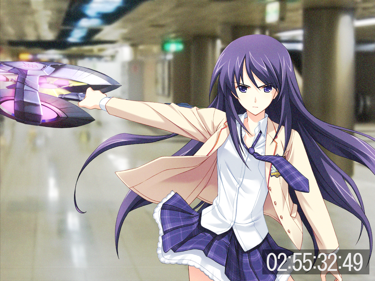 aoi_sena, black_hair, chaos;head, long_hair, school_uniform, skirt, sword, weapon