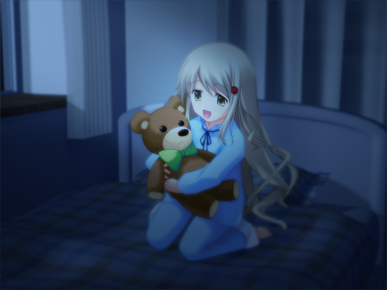 bed, blonde_hair, chaos;head, kusonoki_yua, loli, long_hair, pajamas, teddy_bear