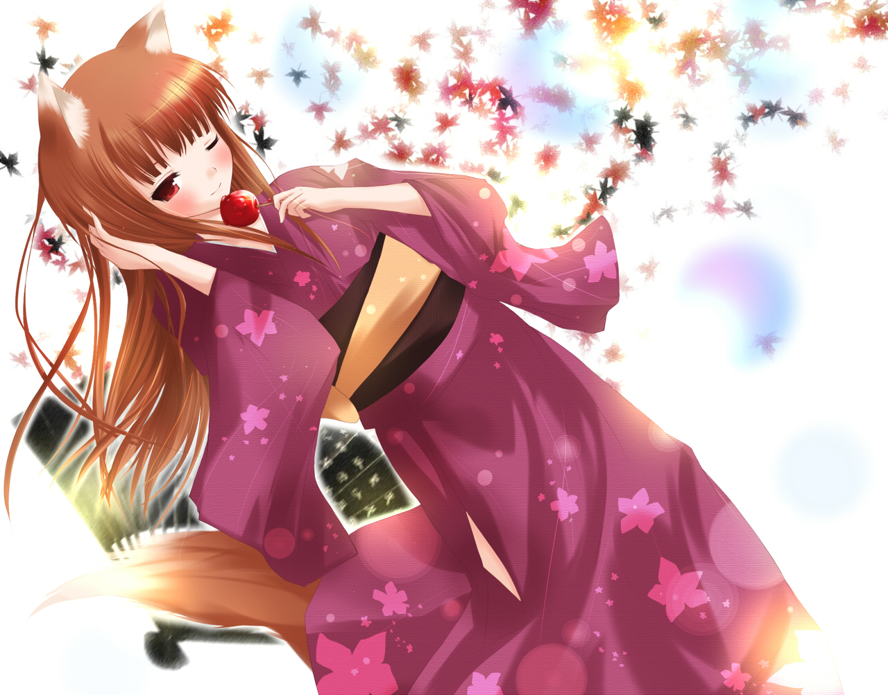 animal_ears, horo, japanese_clothes, kimono, leaves, long_hair, mikuri_yoru, ookami_to_koushinryou, orange_hair, red_eyes, tail, wolfgirl
