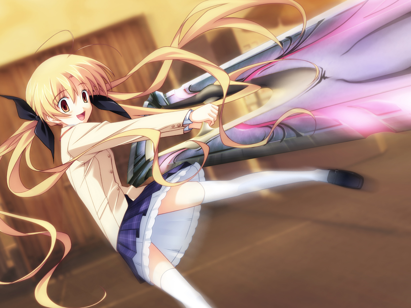 blonde_hair, chaos;head, orihara_kozue, ribbons, school_uniform, skirt, sword, thighhighs