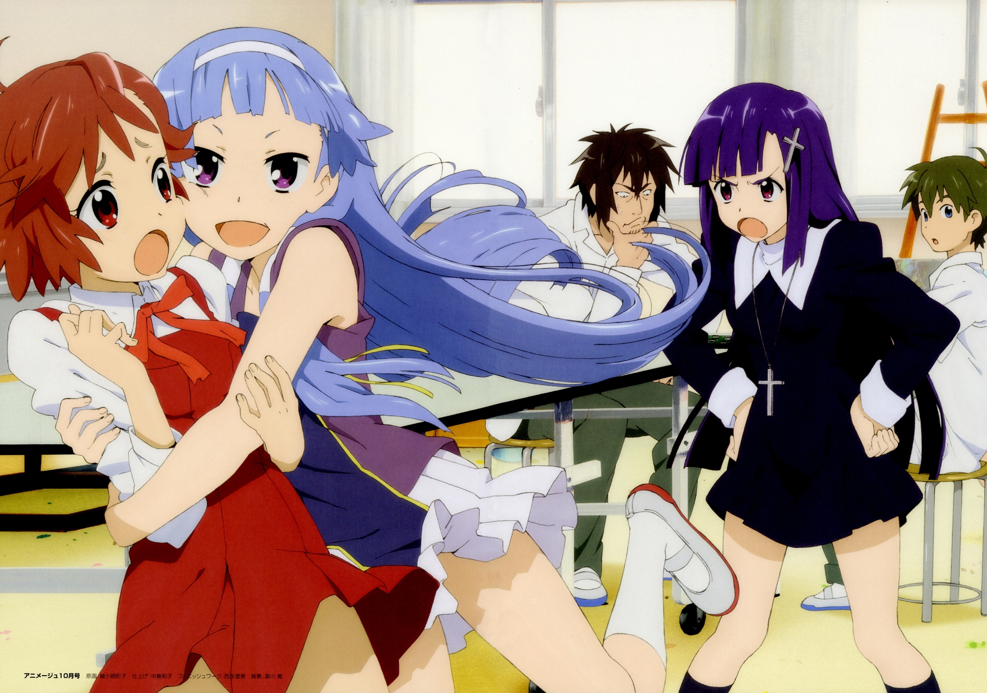 aoba_tsugumi, black_hair, blue_eyes, blue_hair, brown_hair, hibiki_daitetsu, kannagi_crazy_shrine_maidens, long_hair, mikuriya_jin, nagi, purple_eyes, purple_hair, red_eyes, scan, short_hair, zange