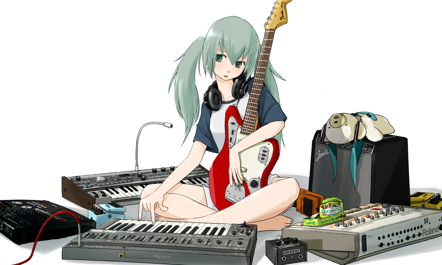 anko_anko, barefoot, guitar, hatsune_miku, headphones, instrument, piano, vocaloid