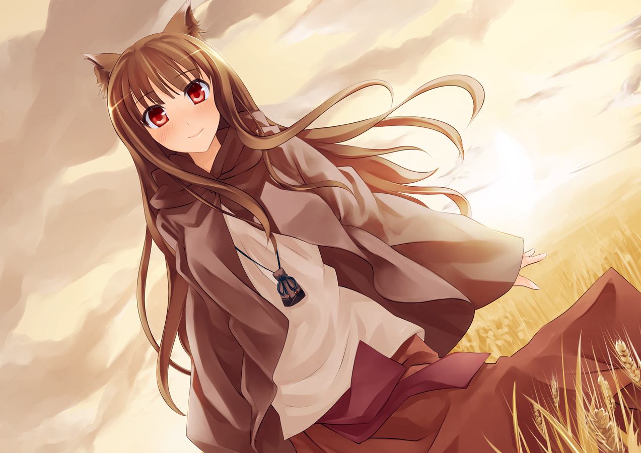 animal_ears, brown_hair, clouds, horo, long_hair, ookami_to_koushinryou, pino_(birthdayparty), red_eyes, sky, wolfgirl