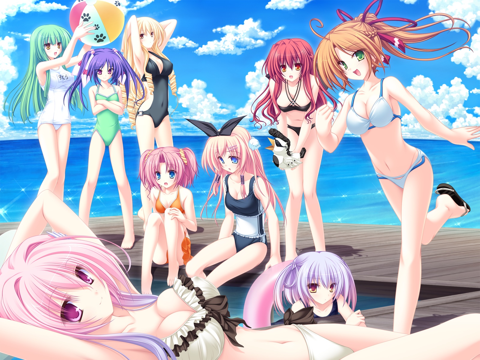 77, amane_ruru, bikini, blue_eyes, game_cg, green_hair, group, hoshiba_sora, karen_lux_victoria, kazamai_sakura, koshimizu_rin, long_hair, mikagami_mamizu, narukami_aoi, navel, pink_hair, stella_(77), swimsuit, tenmaso, tsuneha_aki, tsuneha_miki, twintails, yellow_eyes