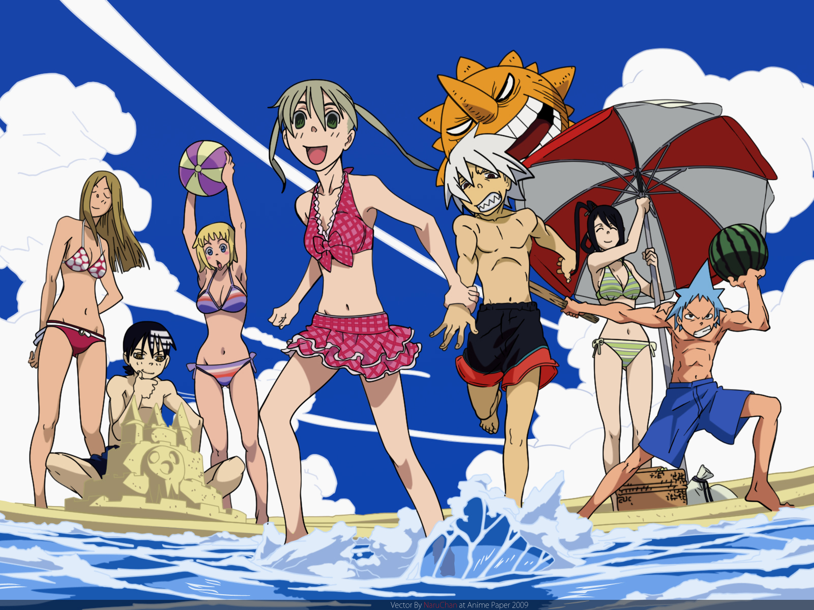ball, beach, bikini, black_star, death_the_kid, elizabeth_thompson, maka_albarn, nakatsukasa_tsubaki