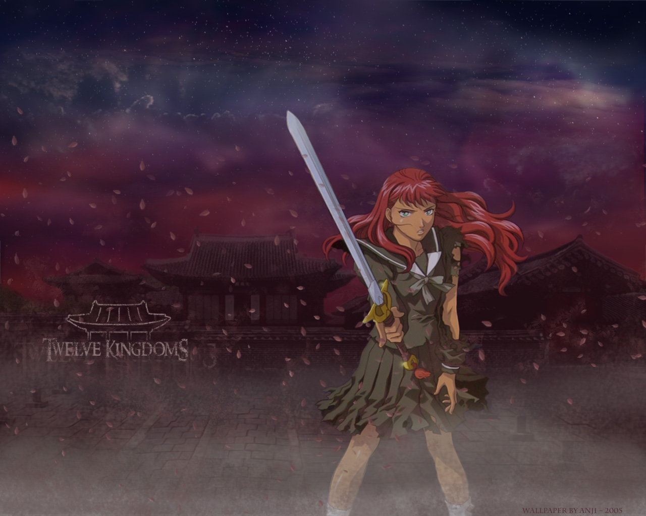 dark, green_eyes, juuni_kokuki, nakajima_youko, petals, red_hair, school_uniform, skirt