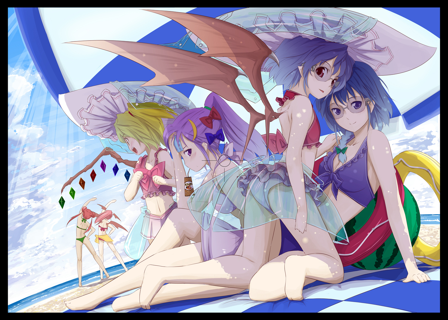 ball, beach, bikini, blue_hair, demon, flandre_scarlet, gustav_(telomere_na), hong_meiling