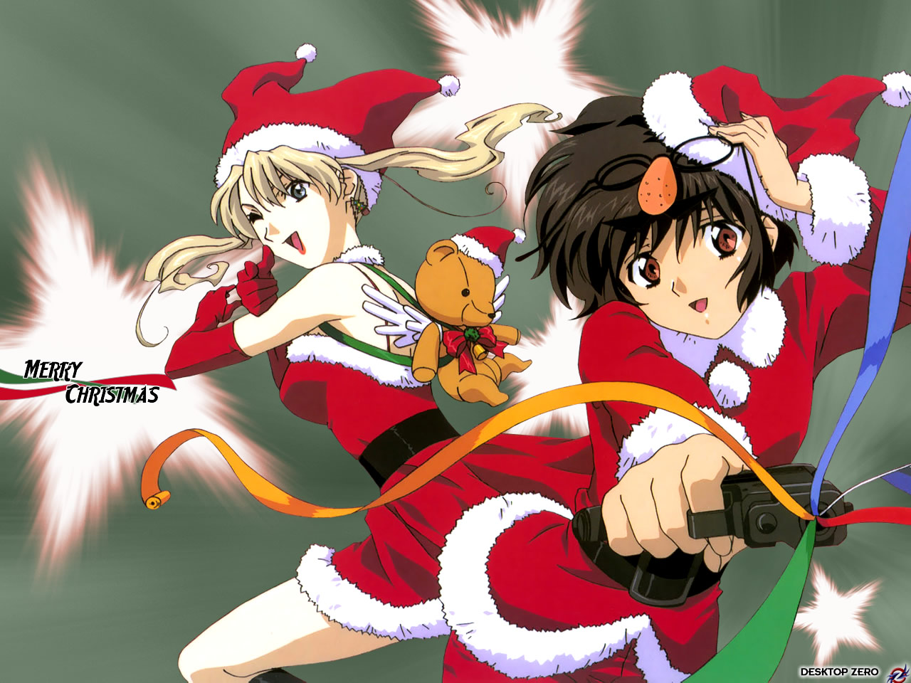 blonde_hair, blue_eyes, brown_eyes, brown_hair, christmas, gun, mireille_bouquet, noir