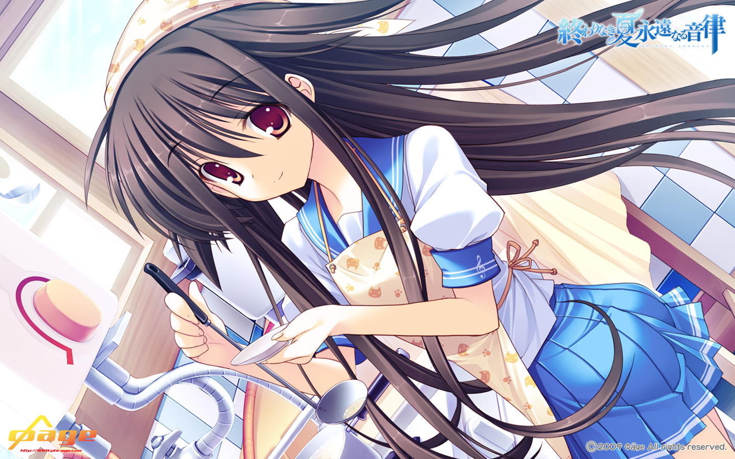 apron, brown_eyes, himukai_kyousuke, long_hair, owarinaki_natsu_towa_naru_shirabe, school_uniform, takanashi_mio