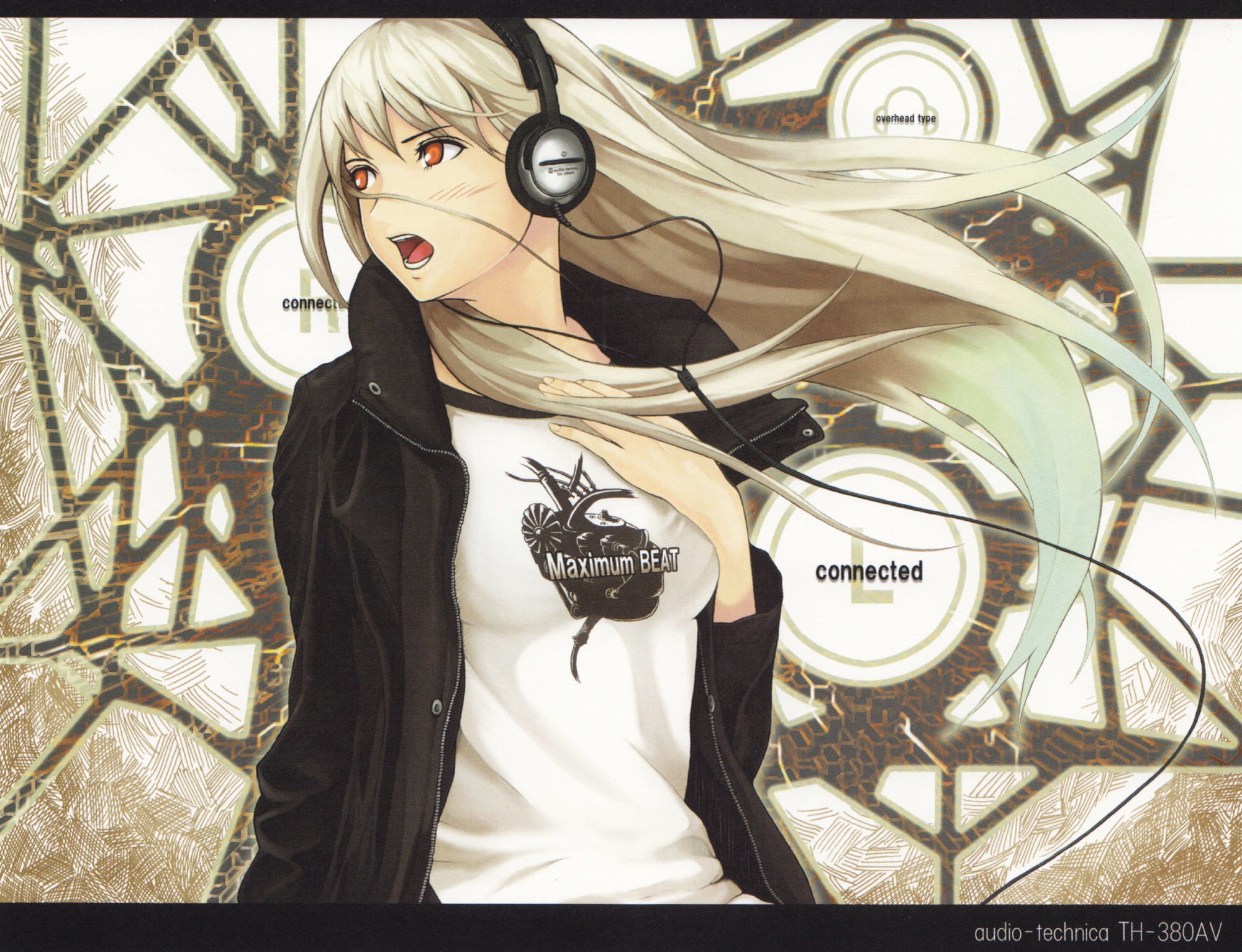 blush, eureka, headphones, long_hair, music, tenka_sanbun, white_hair