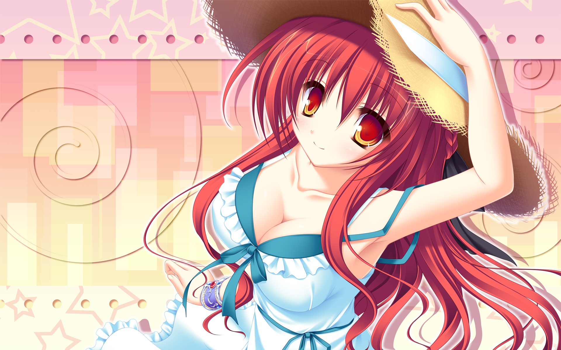 77, breasts, cleavage, dress, karen_lux_victoria, long_hair, mikagami_mamizu, red_eyes, red_hair, summer_dress
