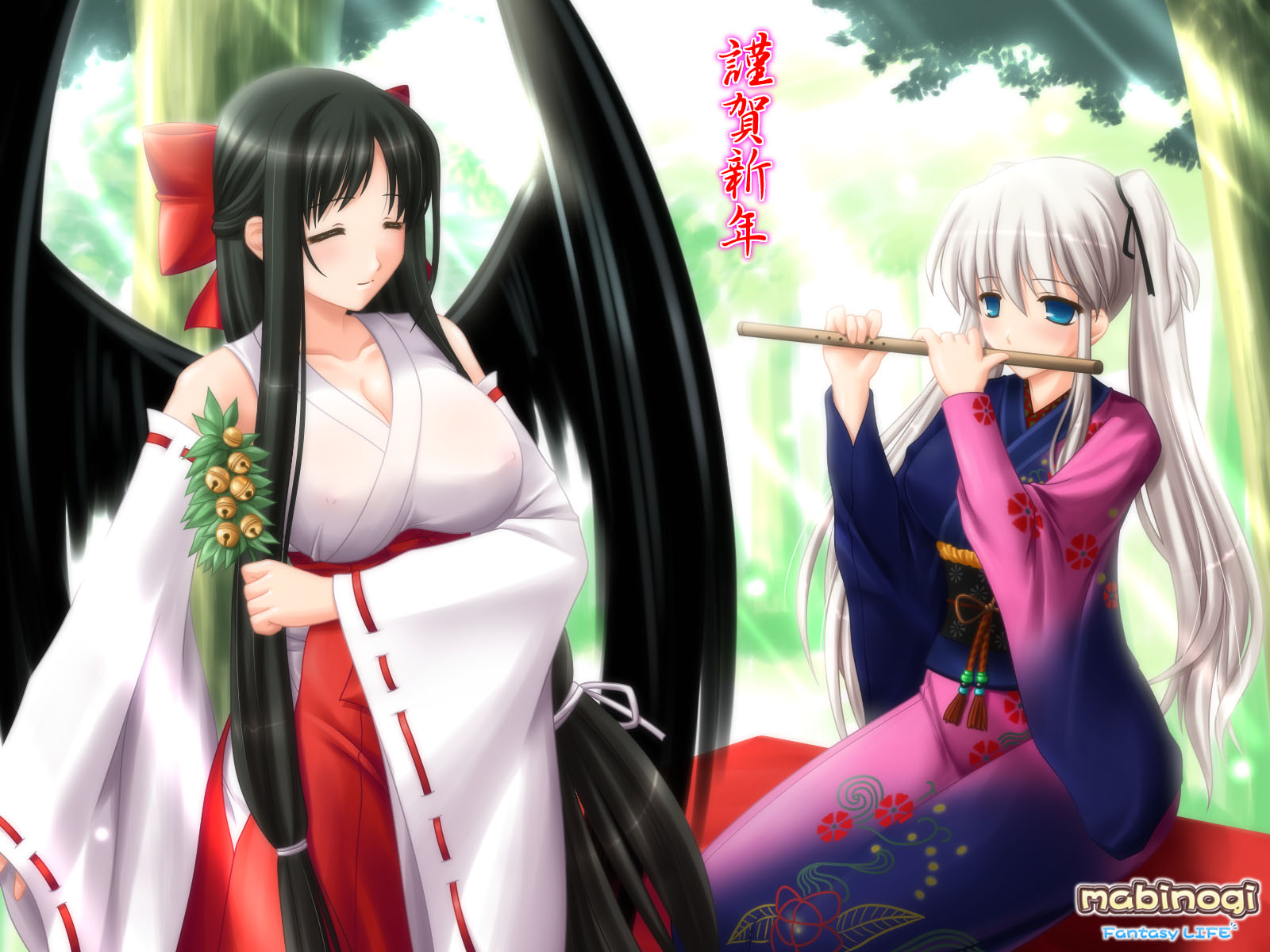black_hair, blue_eyes, blush, flute, instrument, japanese_clothes, kafu, kimono, long_hair, mabinogi, miko, morrighan, nao, see_through, twintails, white_hair, wings