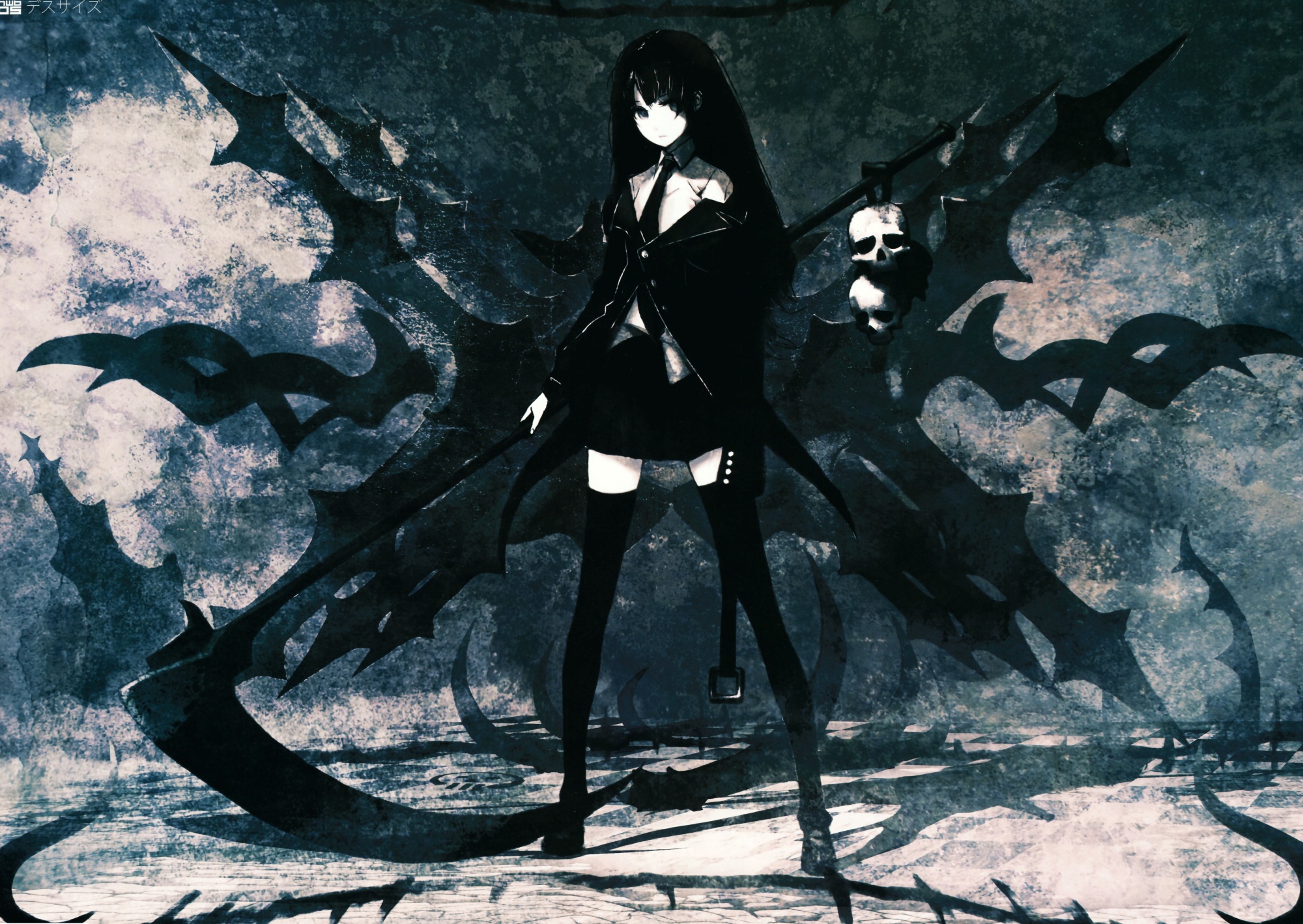 black_hair, black_rock_shooter, death_scythe, green_eyes, huke, long_hair, monochrome, original, scythe, skirt, thighhighs, weapon