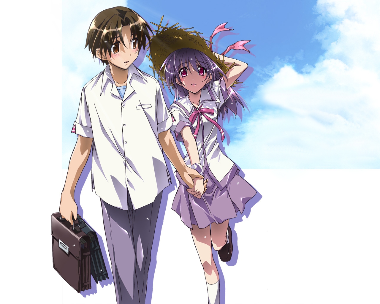 asaba_naoyuki, blush, brown_eyes, brown_hair, clouds, iriya_kana, iriya_no_sora_ufo_no_natsu, purple_hair