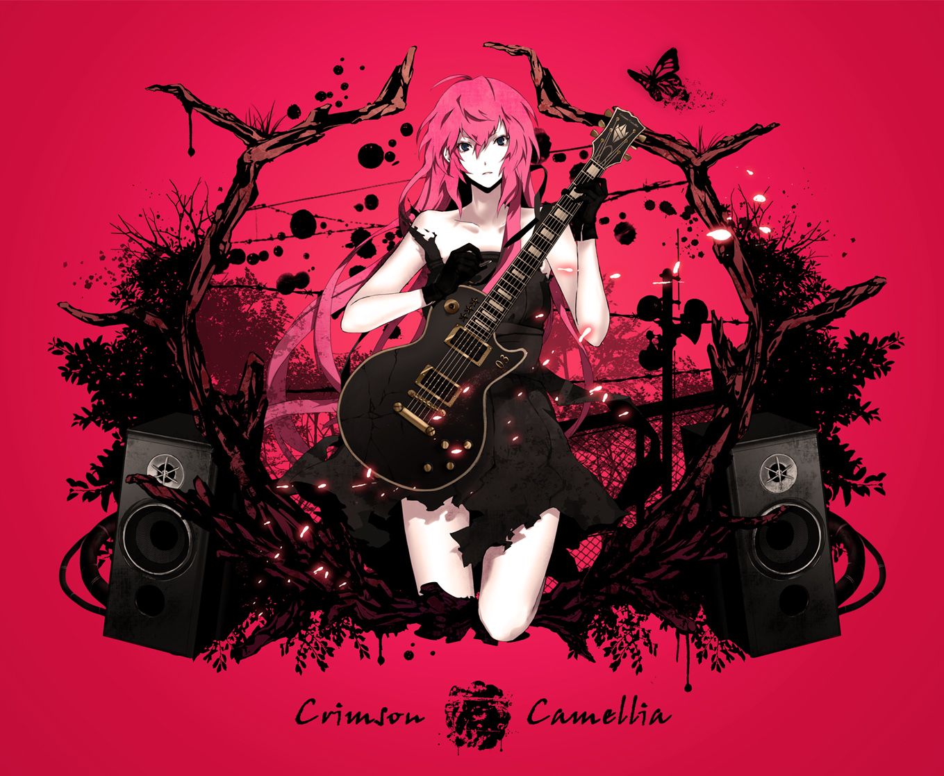 arisaka_ako, butterfly, dress, gloves, guitar, instrument, long_hair, megurine_luka