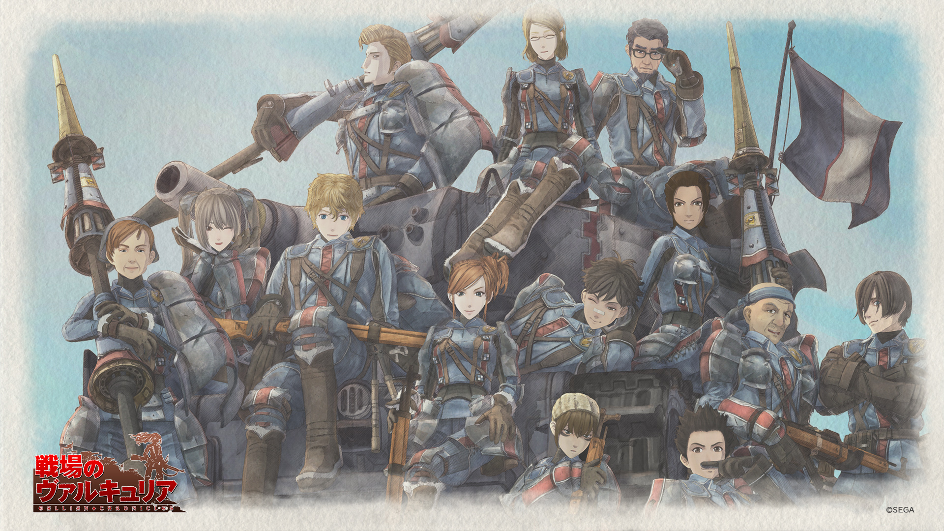 armor, bandaid, black_hair, blonde_hair, blue_eyes, boots, brown_eyes, brown_hair, cezary_redgard, coby_caird, combat_vehicle, edy_nelson, glasses, gloves, gray_hair, group, gun, hat, headband, homer_pieroni, juno_coren, logo, male, military, montley_leonard, ramona_linton, rosina_selden, senjou_no_valkyria, short_hair, tagme_(artist), ted_ustinov, theold_bohr, twintails, uniform, watermark, wavy, weapon, wendy_cheslock, wink, yoko_martens