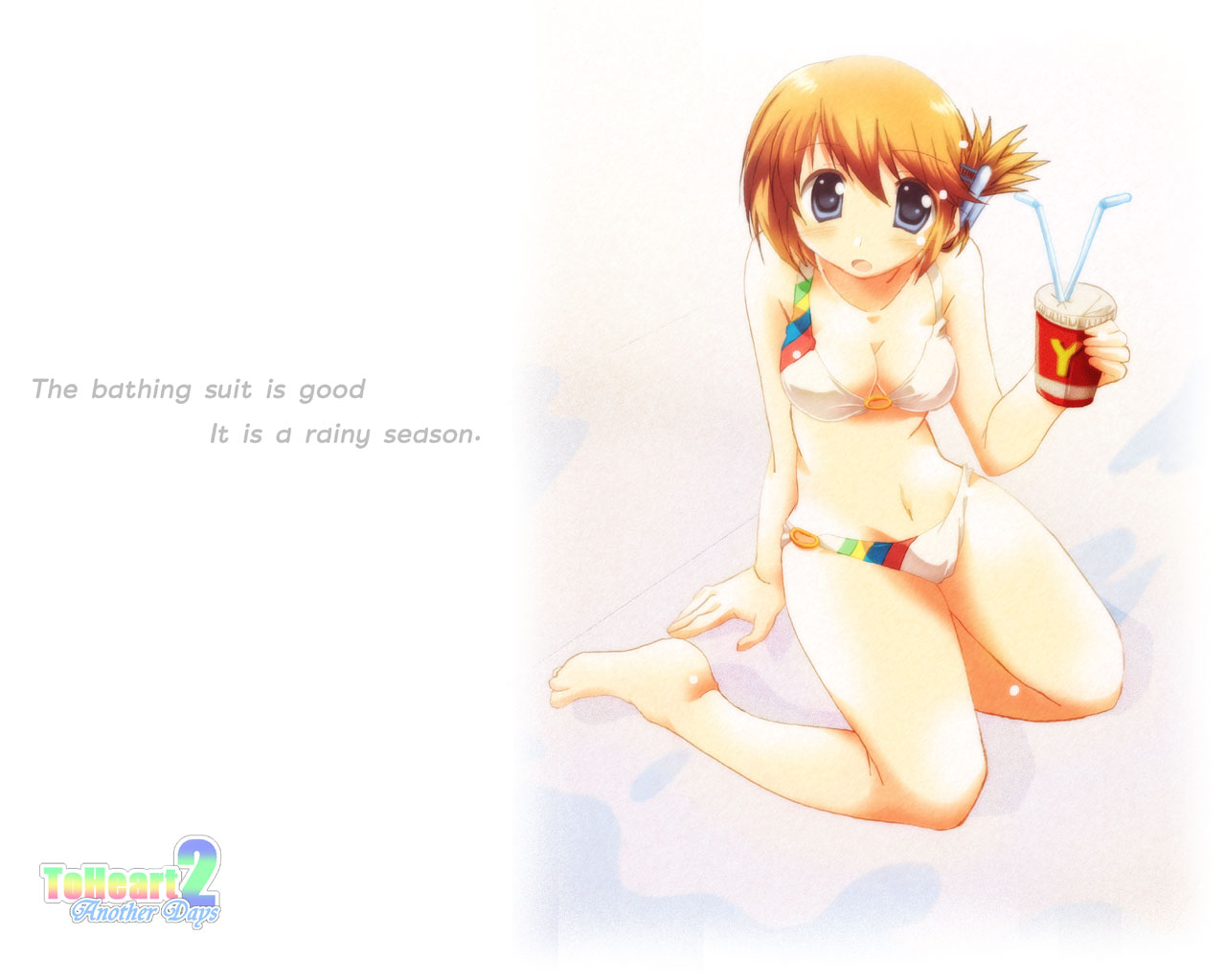 bikini, blonde_hair, blue_eyes, breasts, cleavage, drink, komaki_manaka, logo, swimsuit, tamaki, to_heart_2_another_days, white