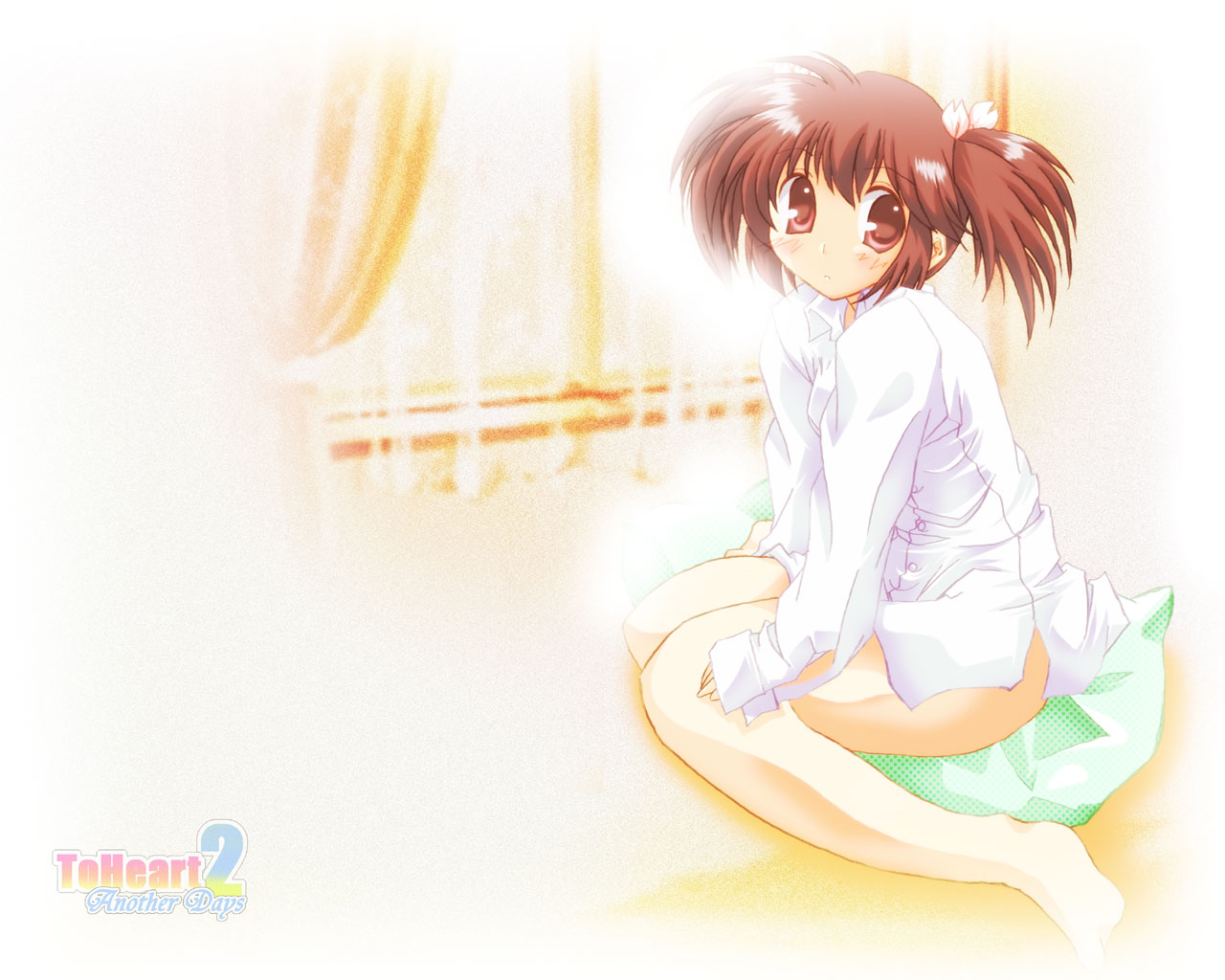 barefoot, blush, brown_eyes, brown_hair, logo, tamaki, to_heart_2_another_days, twintails