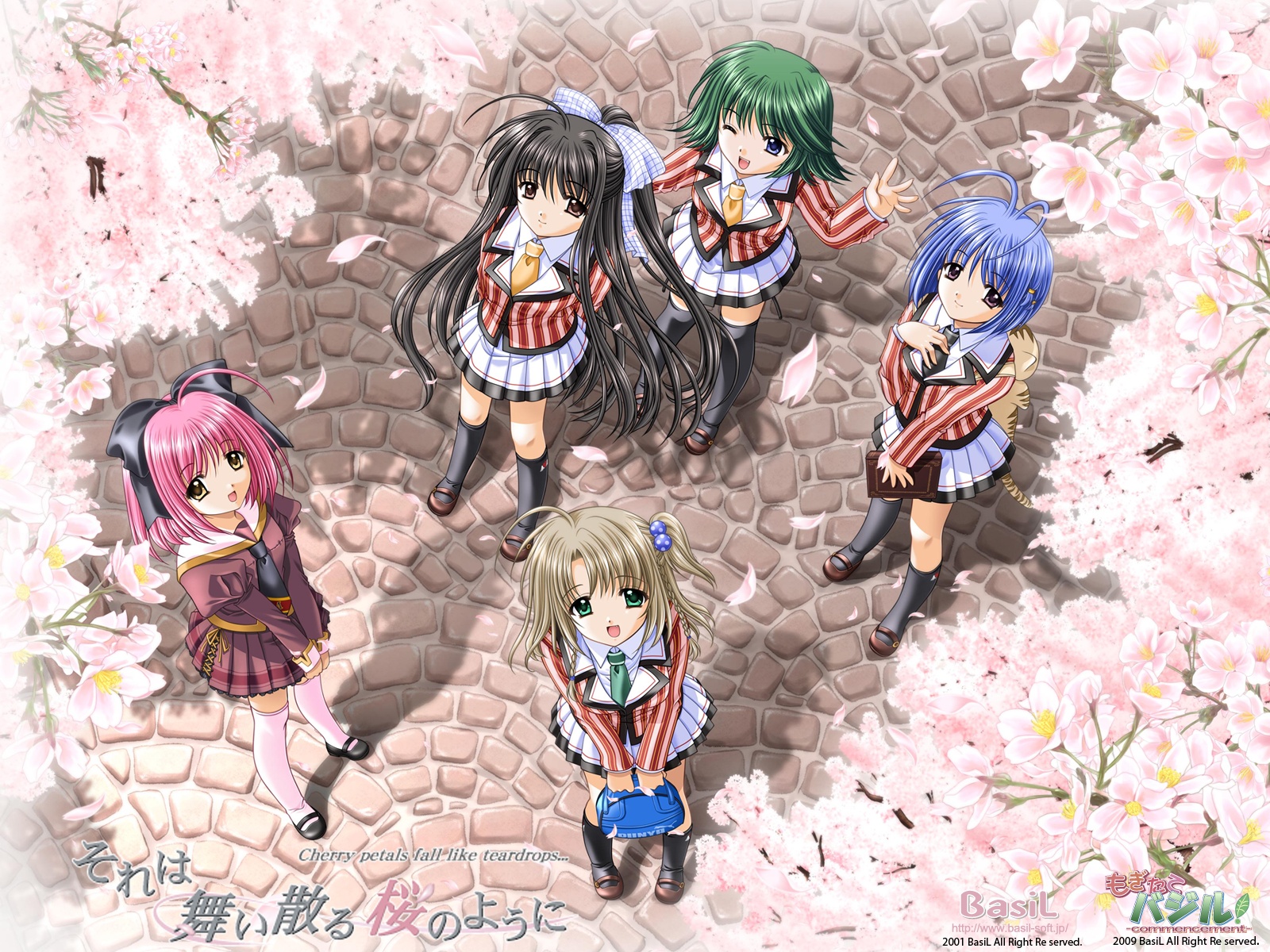black_hair, blonde_hair, blue_hair, cherry_blossoms, flowers, green_hair, hoshizaki_nozomi, mori_aoba