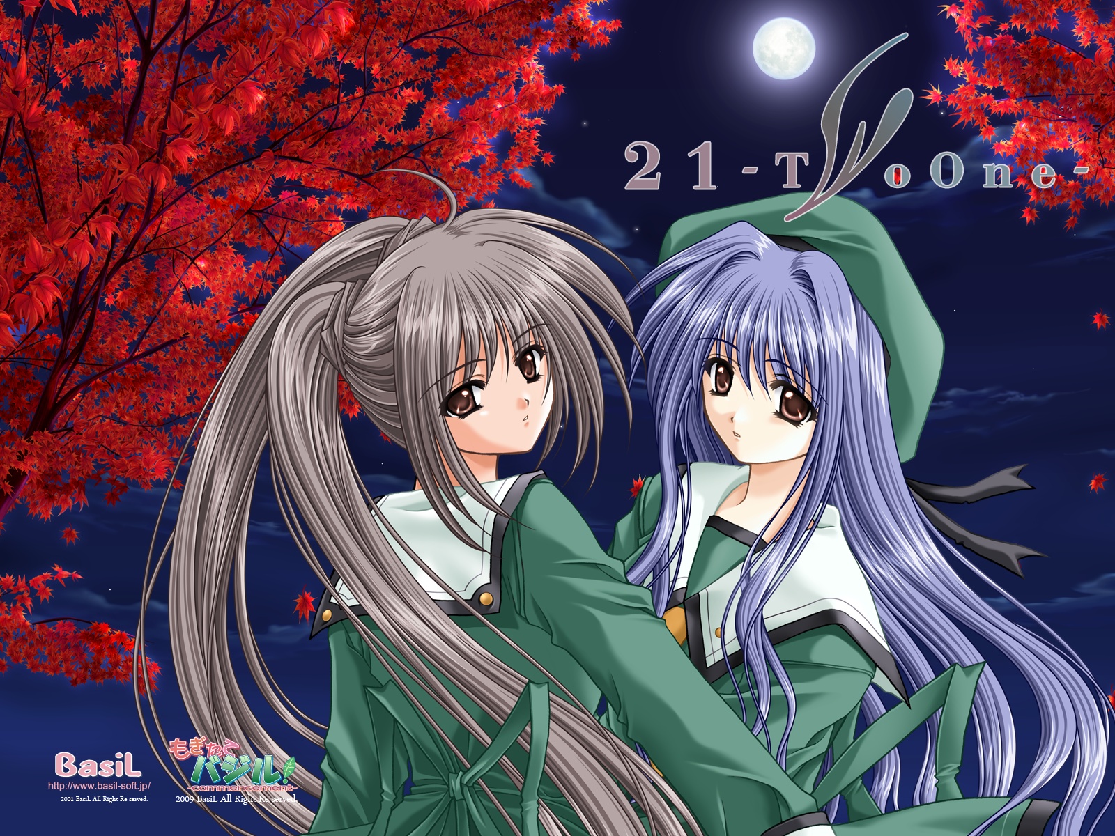 21, blue_hair, brown_eyes, brown_hair, futami_mao, futami_mio, long_hair, school_uniform, twins