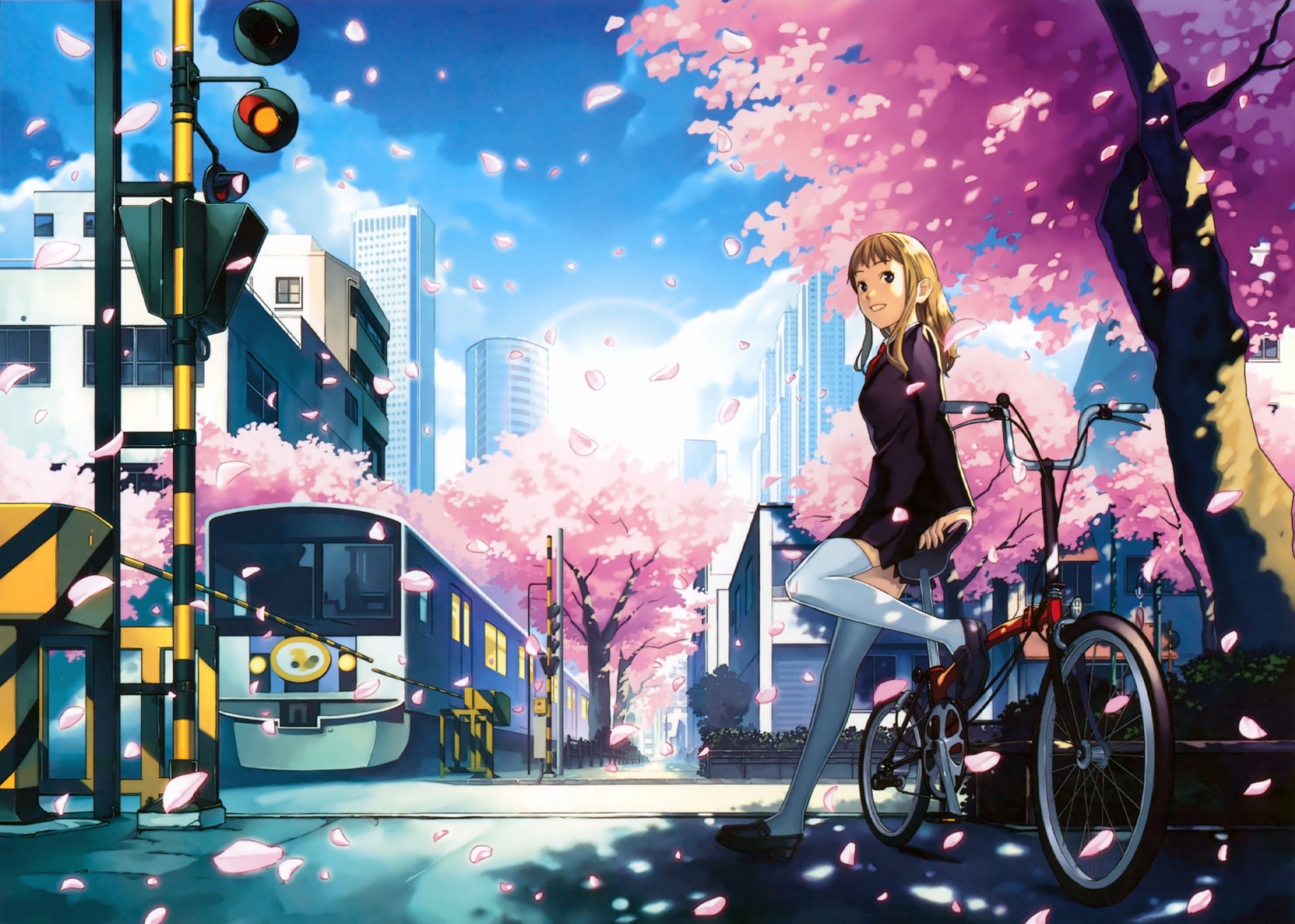 bicycle, blonde_hair, blue_eyes, building, cherry_blossoms, city, flowers, katou_akatsuki, long_hair, original, thighhighs, train, tree