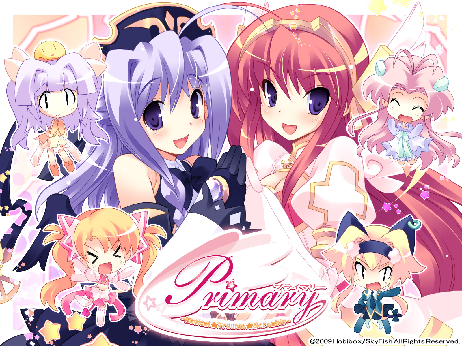 chibi, chime_milhawks, hinana_rikuou, lime_luna_oaklane, mariafia_chiffonese, mintia_mimitte_midimu, prim_rina_oaklane, primary_~magical_trouble_scramble~, tagme, tsurugi_hagane