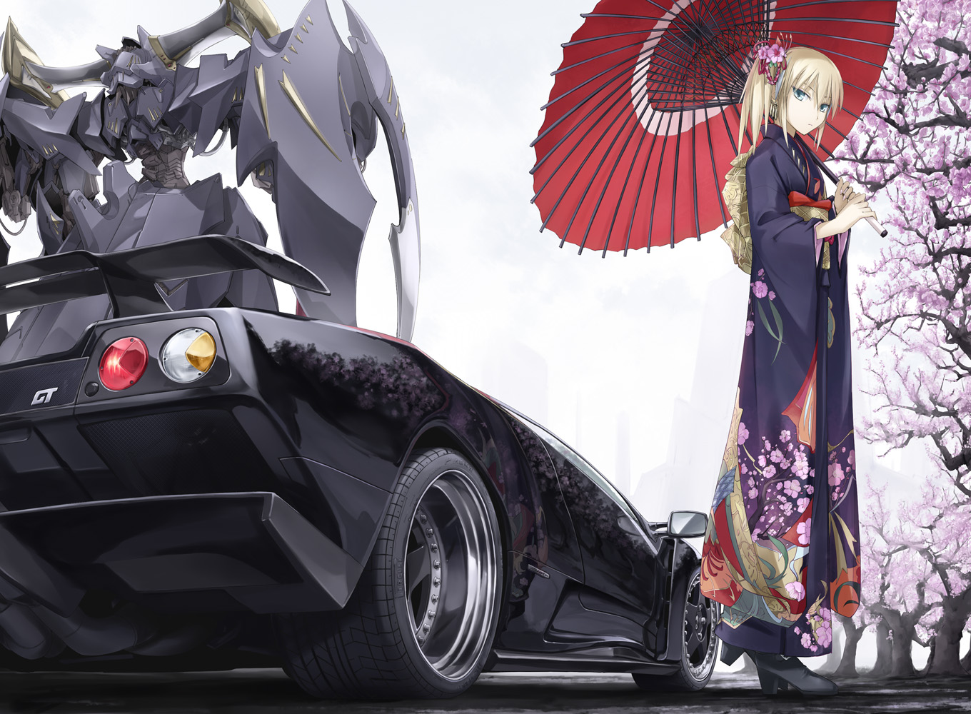 blonde_hair, blue_eyes, boots, car, cherry_blossoms, five_star_stories, flowers, horns, japanese_clothes, kimono, mecha, ponytail, robot, short_hair, tagme, tomo_(machinemess), tree, umbrella, white
