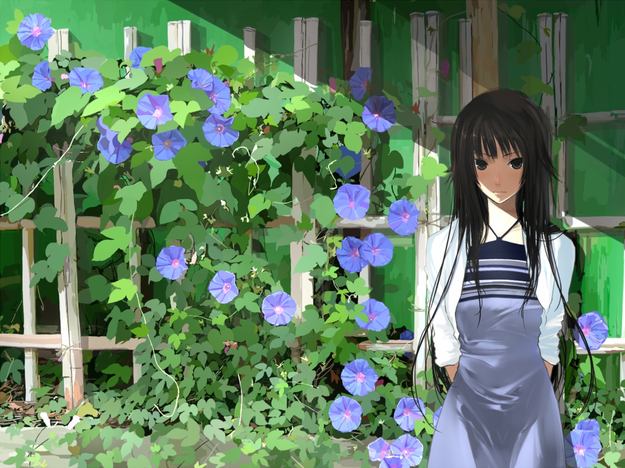 bakemonogatari, black_eyes, black_hair, dress, flowers, long_hair, mikipuruun_no_naegi, monogatari_(series), senjougahara_hitagi