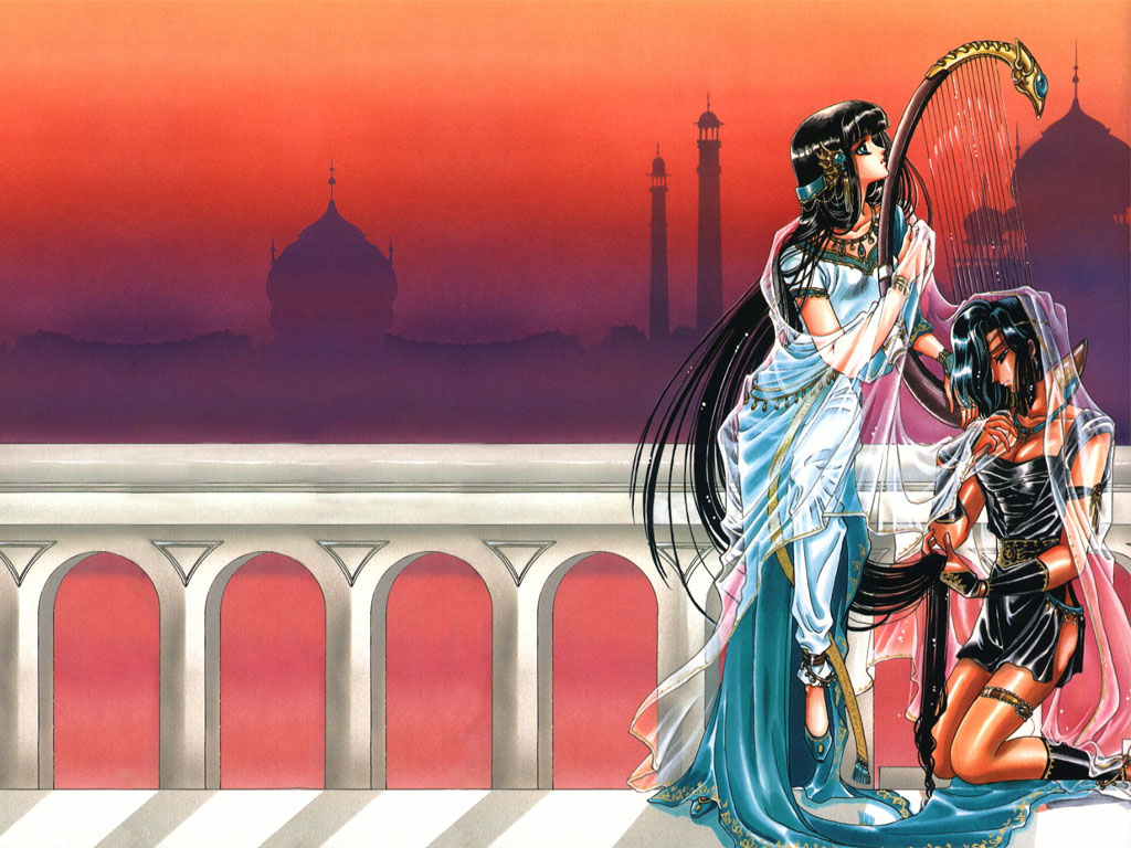 2girls, black_hair, breasts, clamp, cleavage, dress, instrument, kendappa-ou, long_hair, rg_veda, souma