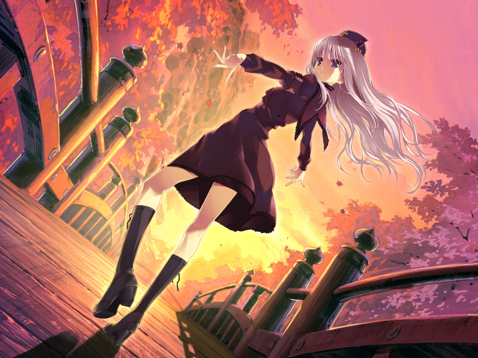 boots, dress, happoubi_jin, kitto_todoku_sumiwataru_asairo_yori_mo, kumigami_hiyo, long_hair, sunset, white_hair