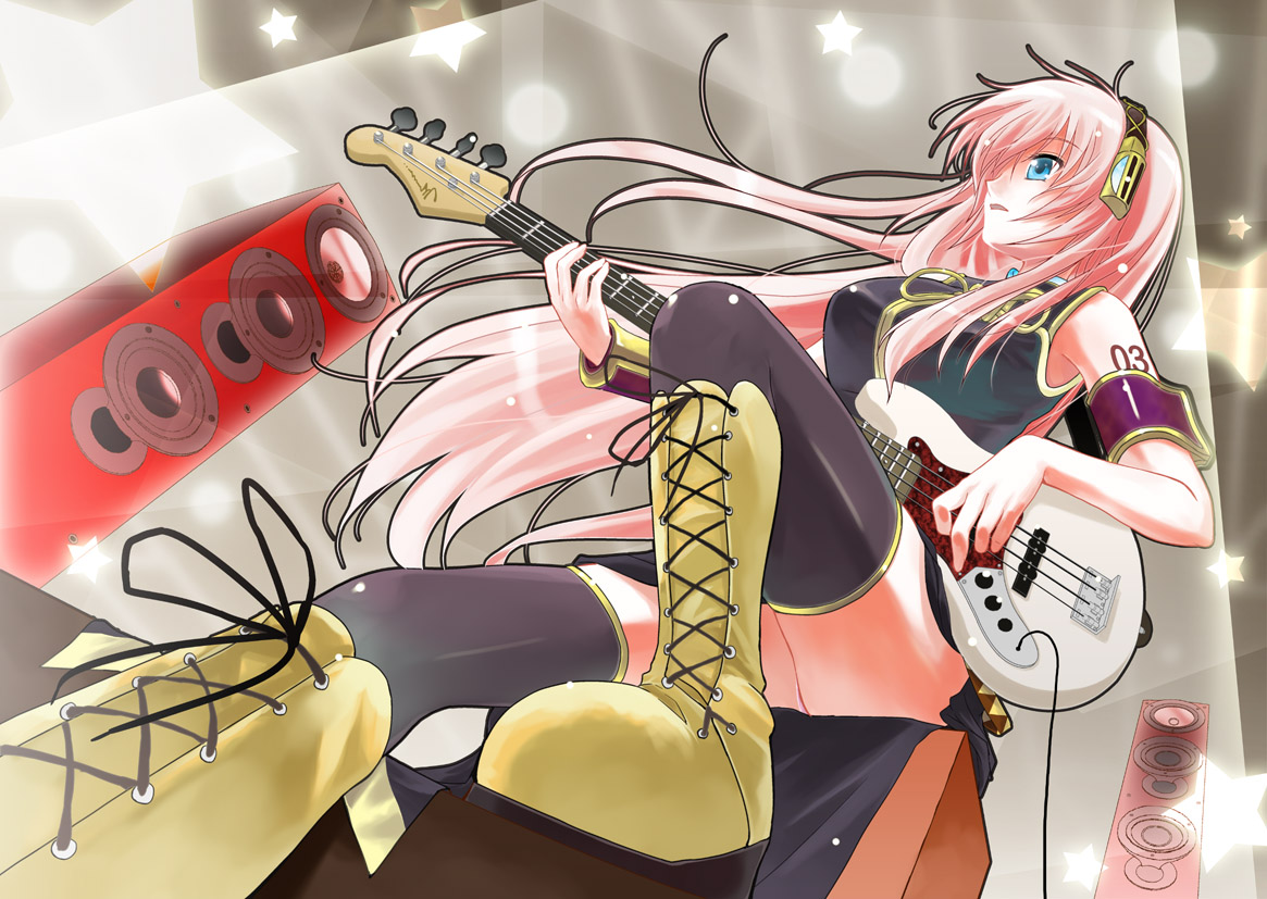 bass, blue_eyes, boots, headphones, instrument, long_hair, megurine_luka, pink_hair