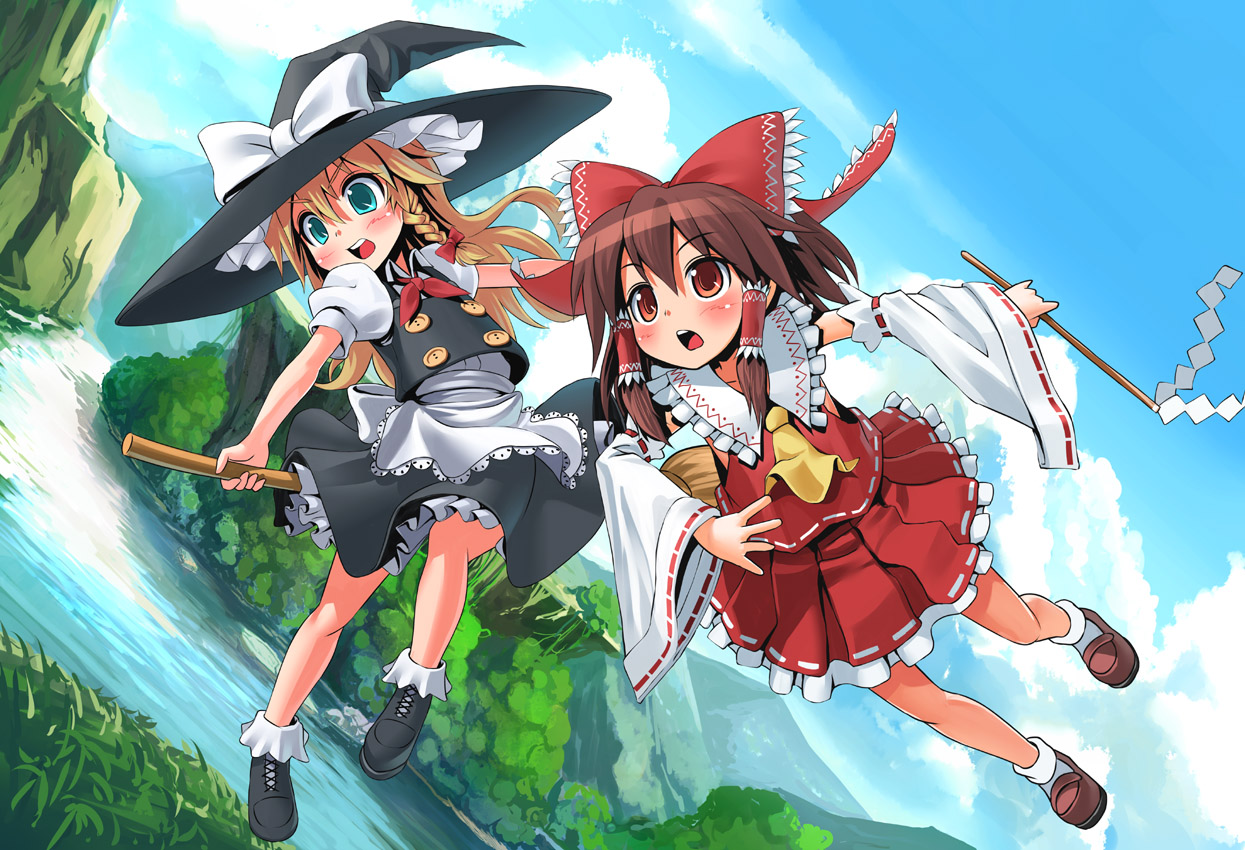 2girls, hakurei_reimu, japanese_clothes, kirisame_marisa, loli, miko, patorishia, touhou