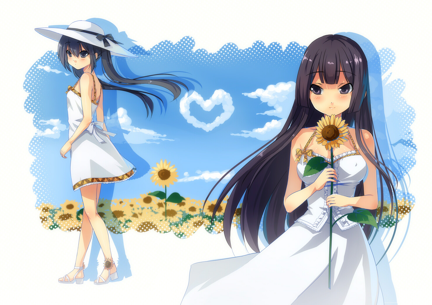 2girls, akiyama_mio, black_eyes, black_hair, dress, flowers, hat, k-on!